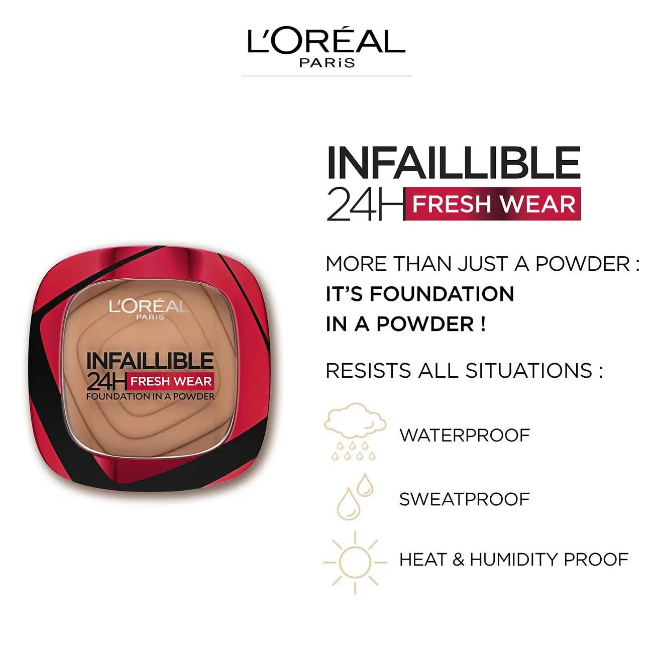 L’Oréal Paris Infaillible Up to 24H Fresh Wear Foundation in a Powder- Waterproof, Heatproof, Sweatproof