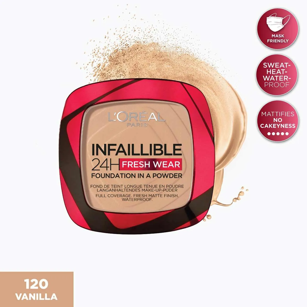 L’Oréal Paris Infaillible Up to 24H Fresh Wear Foundation in a Powder- Waterproof, Heatproof, Sweatproof